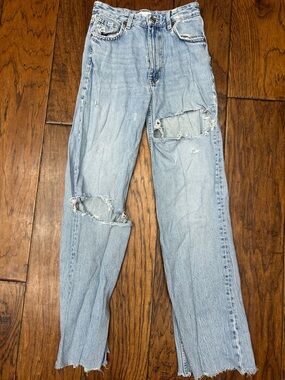 Zara Ripped Butt High Rise Wide Leg Heavy Distressed Denim Jeans